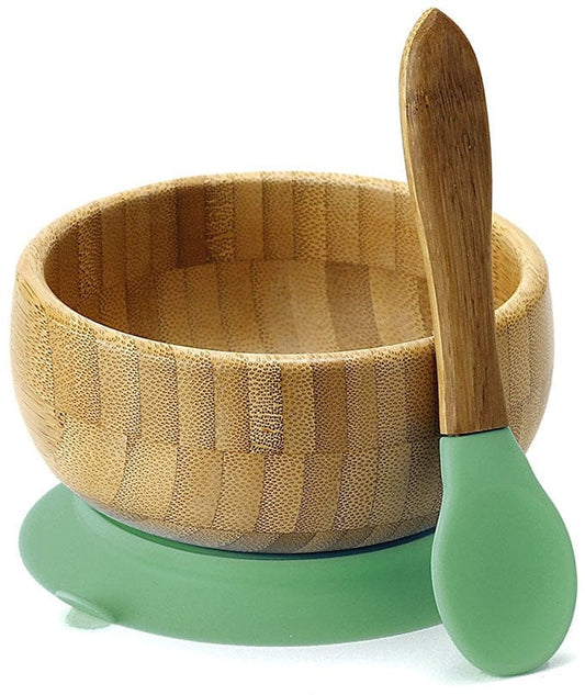 Avanchy Bamboo Stay Put Suction Baby Bowl + Spoon - Green - 712324633894