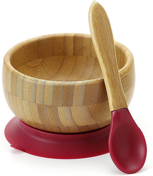 Avanchy Bamboo Stay Put Suction Baby Bowl + Spoon - Magenta - 712324633979