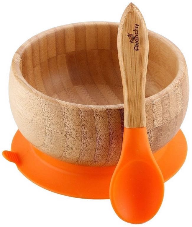 Avanchy Bamboo Stay Put Suction Baby Bowl + Spoon - Orange