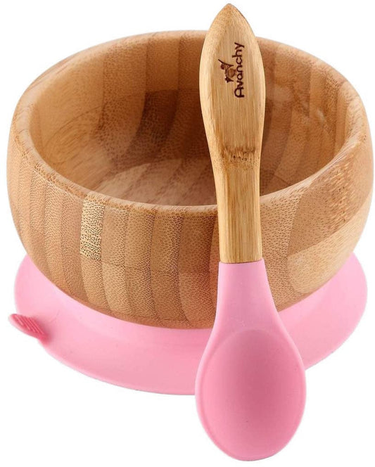 Avanchy Bamboo Stay Put Suction Baby Bowl + Spoon - Pink - 731236358213