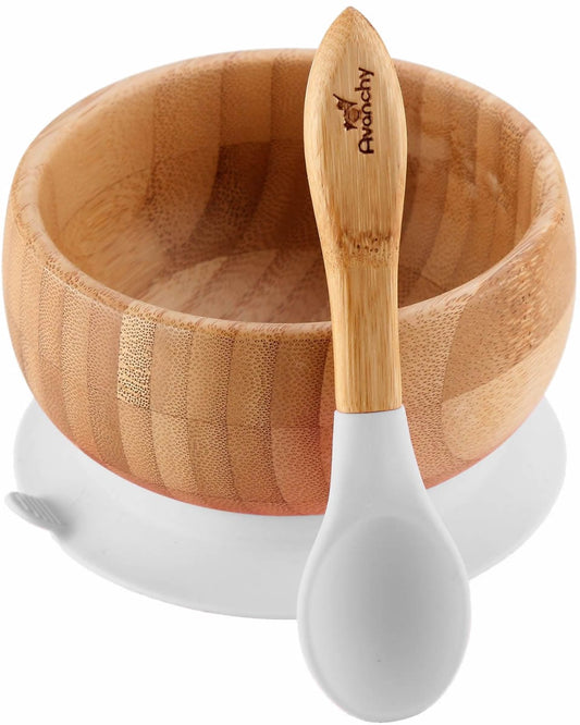 Avanchy Bamboo Stay Put Suction Baby Bowl + Spoon - White - WBBL