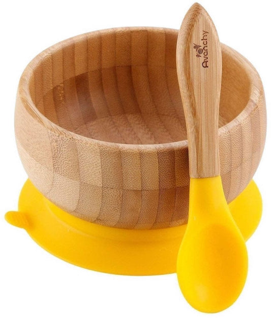 Avanchy Bamboo Stay Put Suction Baby Bowl + Spoon - Yellow - YBBL