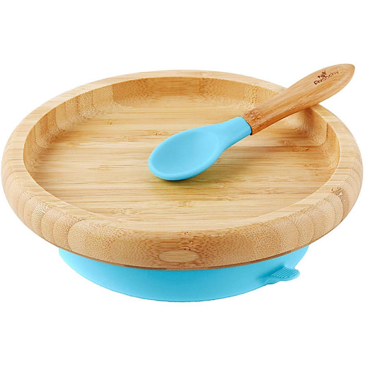 Avanchy Bamboo Suction Classic Plate + Spoon - Blue - BCPL