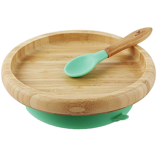Avanchy Bamboo Suction Classic Plate + Spoon - Green - GCPL