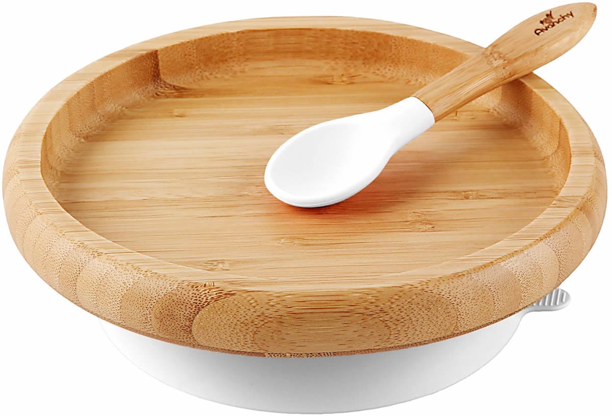 Avanchy Bamboo Suction Classic Plate + Spoon - White - WCPL