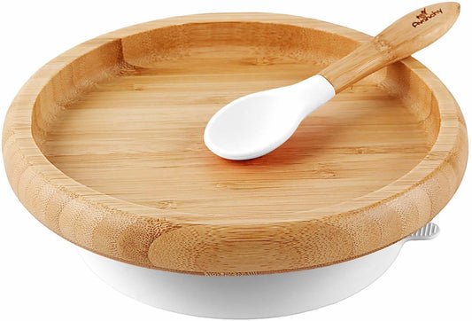 Avanchy Bamboo Suction Classic Plate + Spoon - White - WCPL