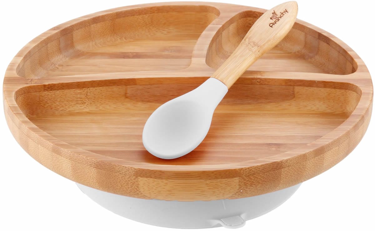 Avanchy Bamboo Suction Toddler Divided Plate + Spoon - White - WTPL