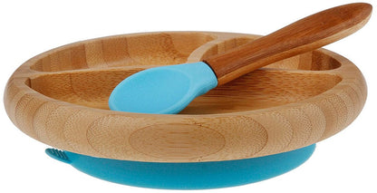 Avanchy Bamboo Suction Baby Divided Plate + Spoon - Blue - 731882134025
