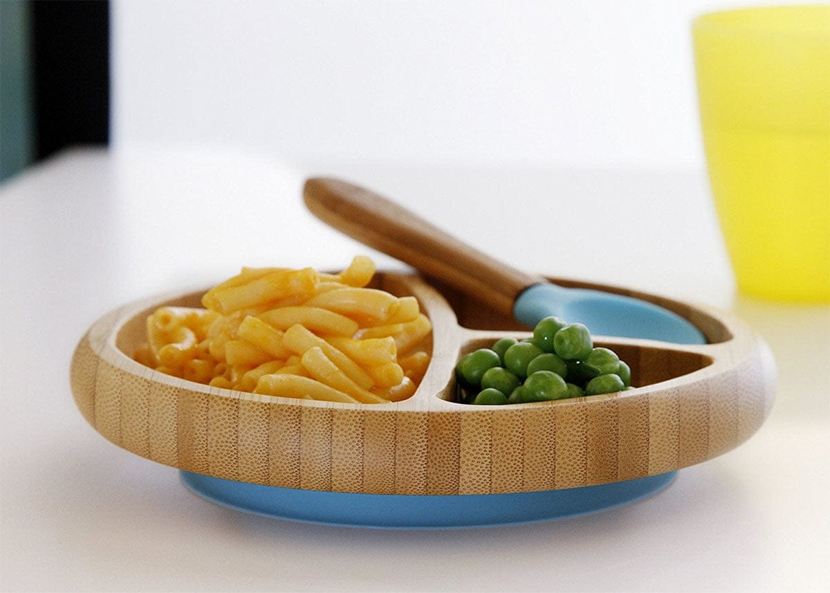 Avanchy Bamboo Suction Baby Divided Plate + Spoon - Blue - 731882134025