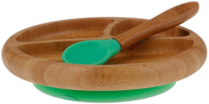 Avanchy Bamboo Suction Baby Divided Plate + Spoon - Green - 712324633948