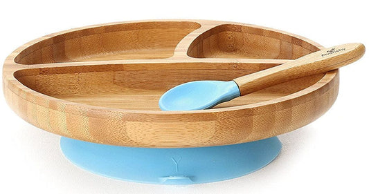 Avanchy Bamboo Suction Toddler Divided Plate + Spoon - Blue - 731236357919