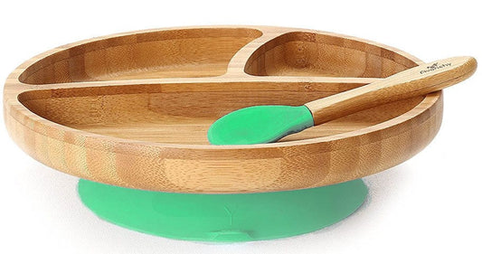 Avanchy Bamboo Suction Toddler Divided Plate + Spoon - Green - 731236357896