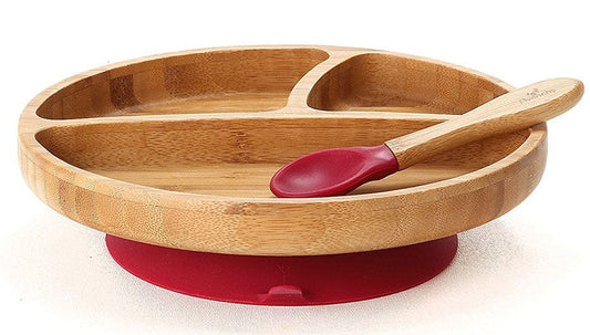 Avanchy Bamboo Suction Toddler Divided Plate + Spoon - Magenta - 731236358053