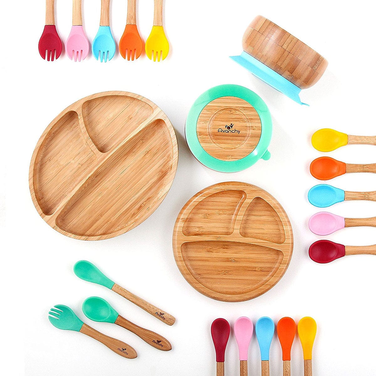Avanchy Bamboo Suction Toddler Divided Plate + Spoon - Magenta