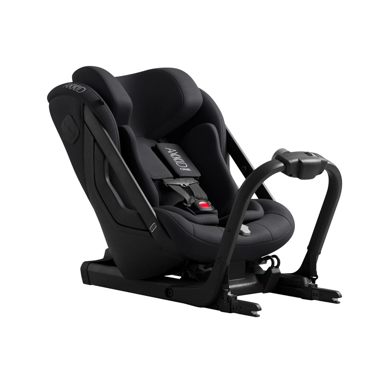 Black rear-facing car seat by Axkid with Coastal Storm upholstery, side view showing harness system and adjustable headrest