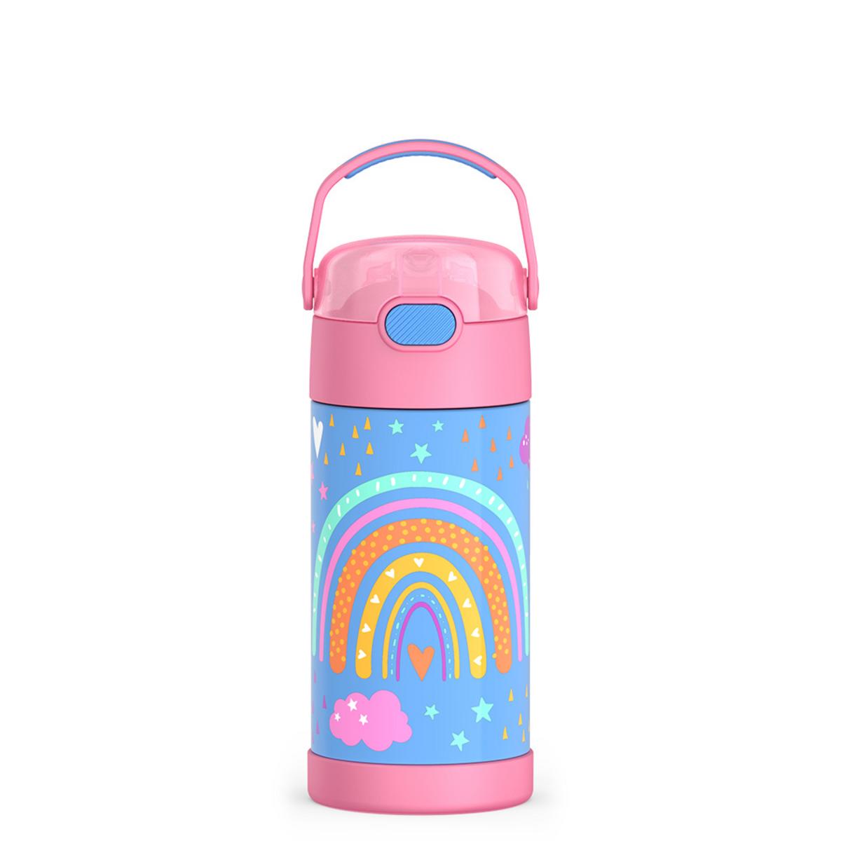 Thermos water bottle with blue background and rainbow pattern