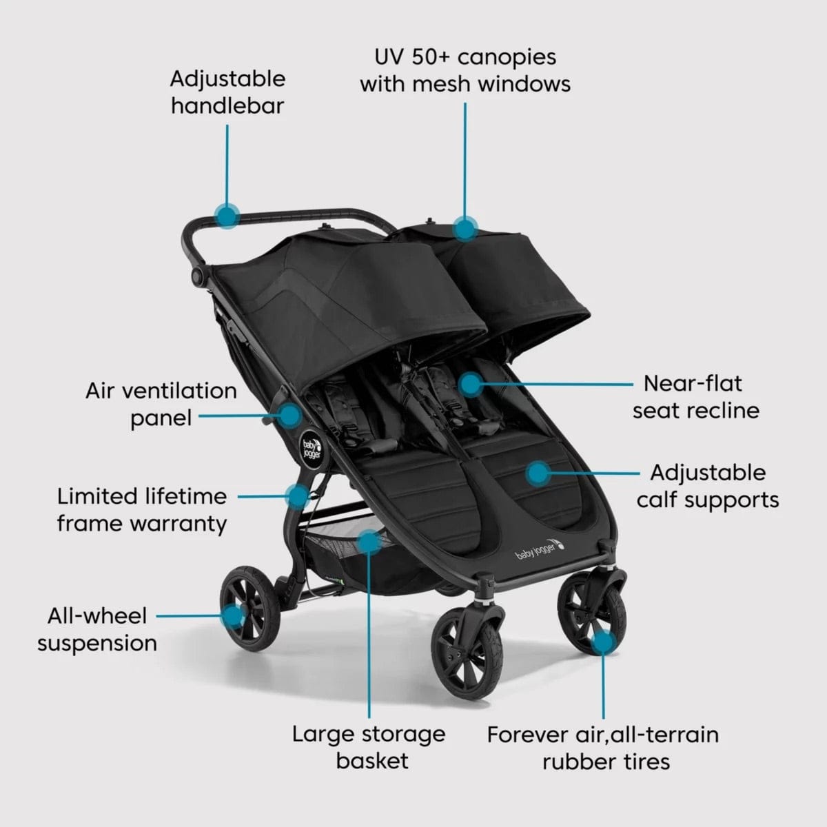 Baby Jogger City Mini GT2 Side by Side Double Stroller, All-Terrain Package - Jet