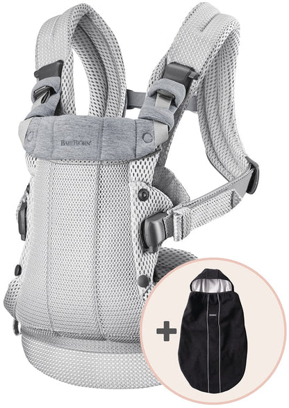 BabyBjörn Baby Carrier Harmony, 3D Mesh + Cover Bundle - Silver / Black - 610083US-B