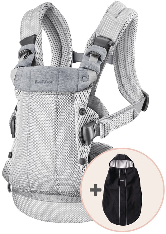 BabyBjörn Baby Carrier Harmony, 3D Mesh + Cover Bundle - Silver / Black - 610083US-B