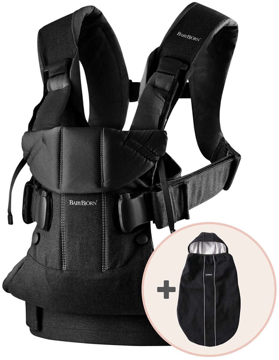 BabyBjörn Baby Carrier One, Cotton Mix + Cover Bundle - Black / Black - 610086US