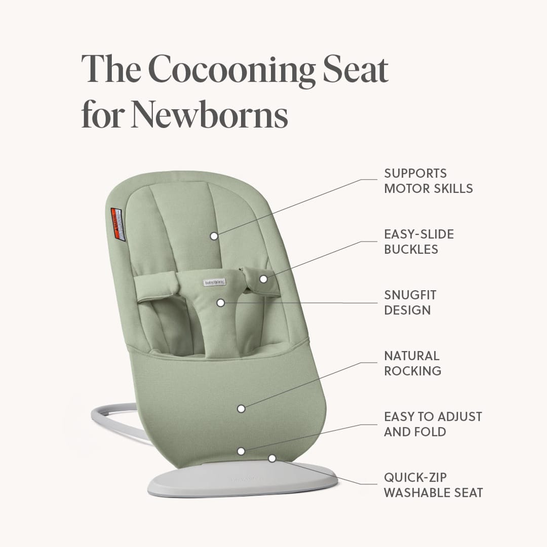 BabyBjorn bouncer seat features diagram showing motor skill support, buckles, snug fit, rocking, and washable fabric