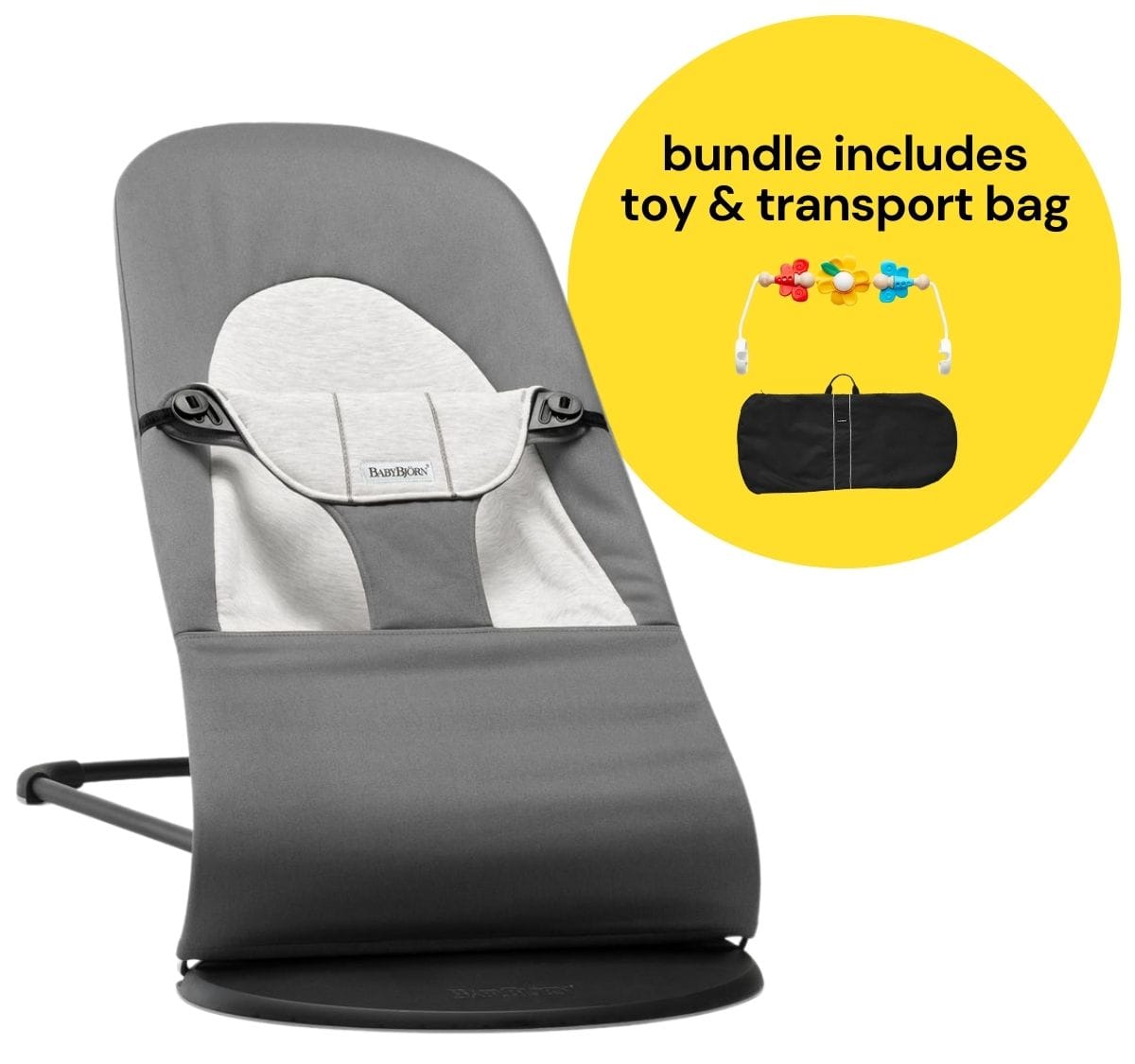BabyBjorn Bouncer + Flying Friends Toy Bar + Transport Bag Bundle - Balance Soft, Cotton / Jersey Dark Grey / Grey - 005184US-080099US-750251US