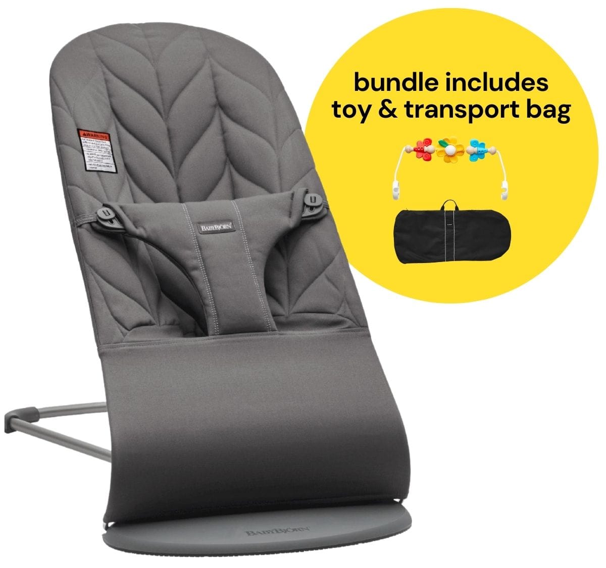 BabyBjorn Bouncer + Flying Friends Toy Bar + Transport Bag Bundle - Bliss, Petal Quilt Cotton Anthracite - 006226US-080099US-750251US