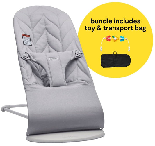 BabyBjorn Bouncer + Flying Friends Toy Bar + Transport Bag Bundle - Bliss, Petal Quilt Cotton Light Gray - 006224US-080099US-750251US