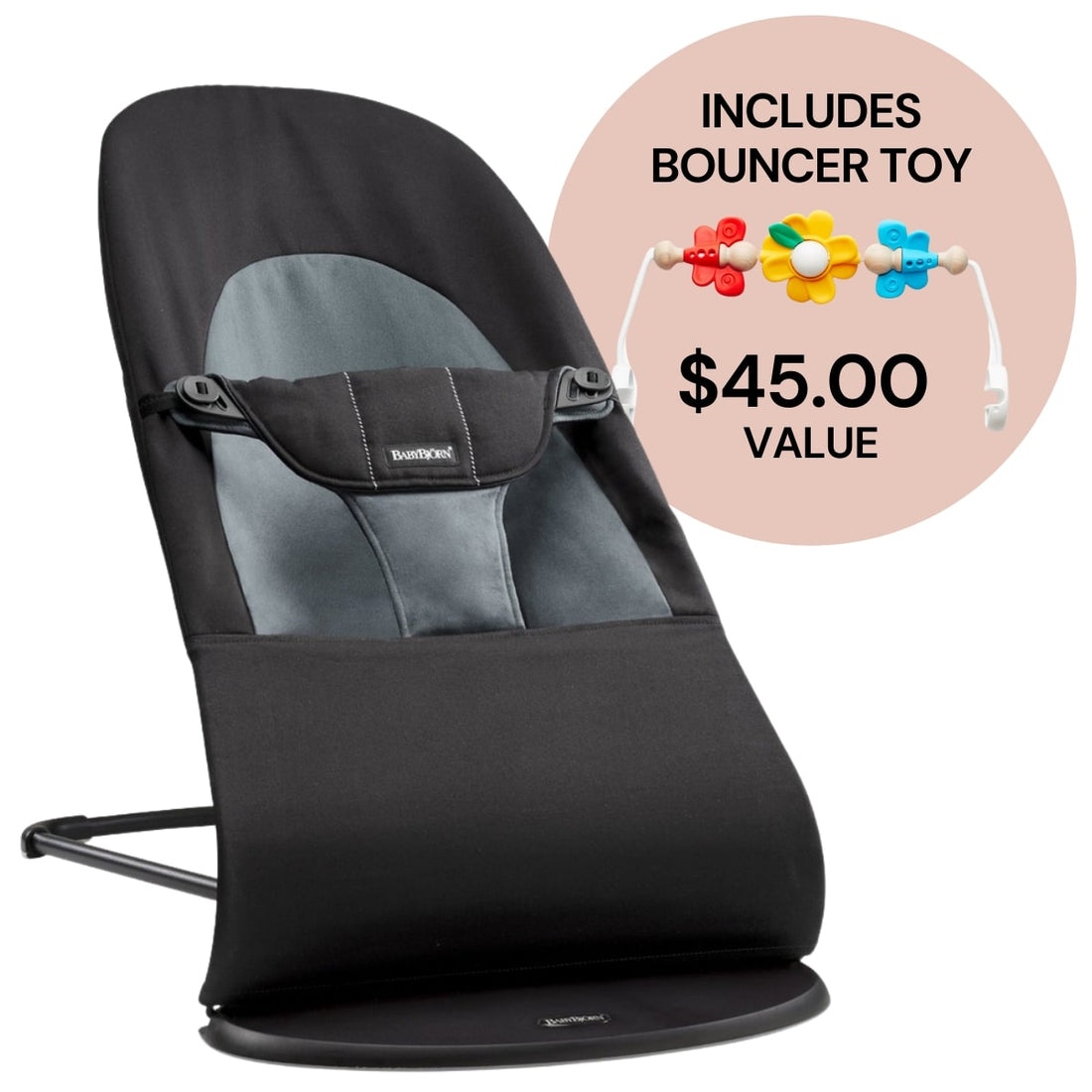 BabyBjorn Bouncer + Toy Bundle - Balance Soft (Cotton) Black / Dark Gray / Flying Friends - 610022US