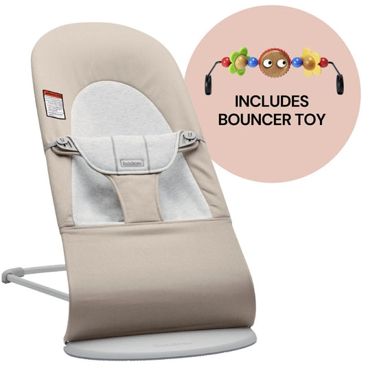 BabyBjorn Bouncer + Toy Bundle - Balance Soft (Cotton Jersey) Beige / Gray / Googly Eyes