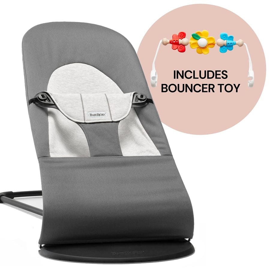 BabyBjorn Bouncer + Toy Bundle - Balance Soft (Cotton Jersey) Dark Grey / Grey / Flying Friends - 005084US-080099US