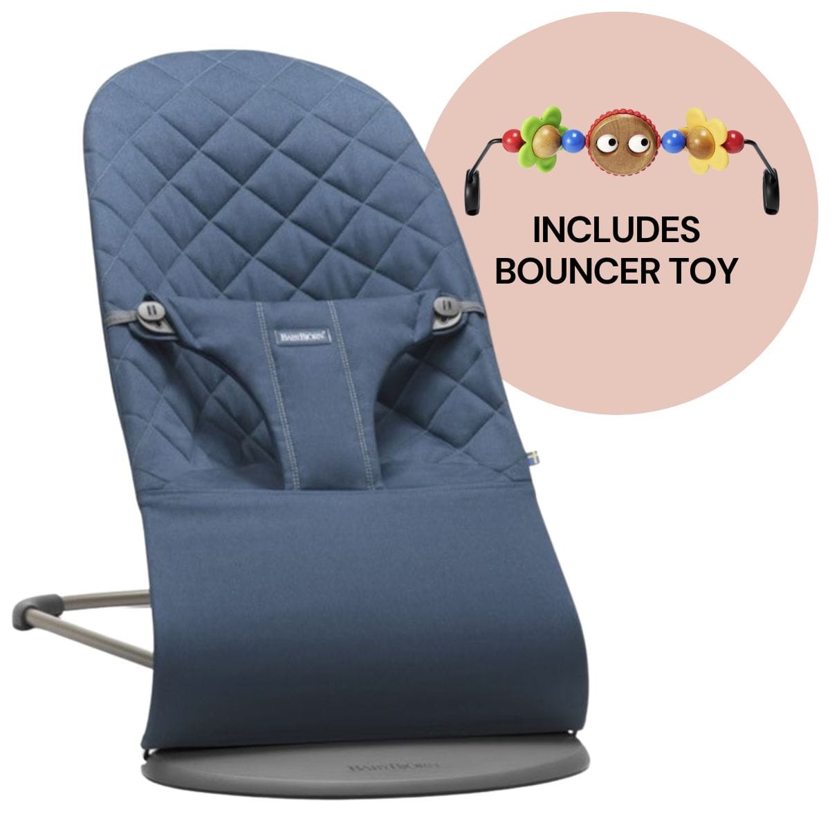 BabyBjorn Bouncer + Toy Bundle - Bliss (Cotton) Midnight Blue / Googly Eyes