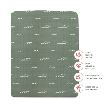 Babyletto All-Stages Midi Crib Sheet in GOTS Certified Organic Muslin Cotton - Ocean Waves - T27133