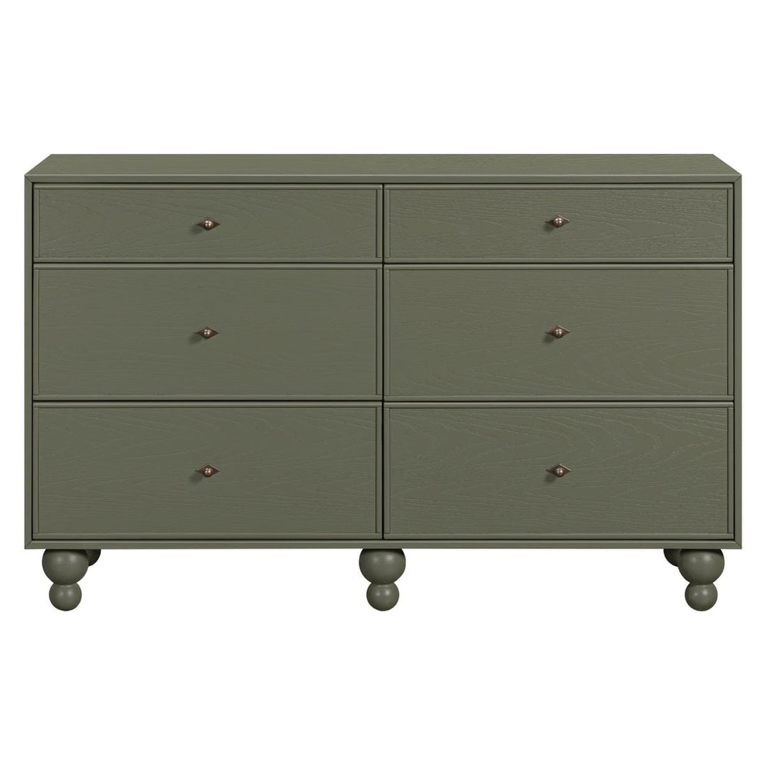 Babyletto olive green six drawer dresser with round feet and metal knobs