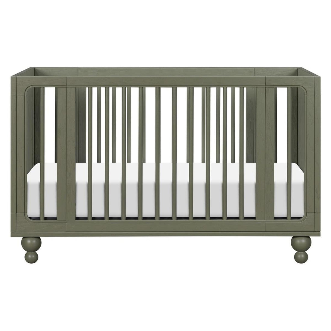 Babyletto olive green wooden crib with vertical slats and round feet