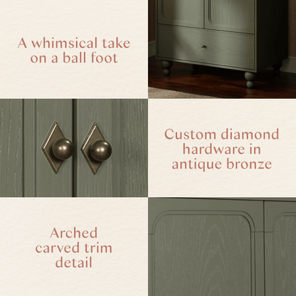 Babyletto furniture details showing ball feet, diamond antique bronze hardware, and arched carved trim
