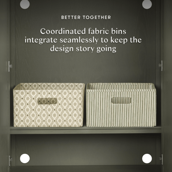 Babyletto fabric storage bins with patterned and striped designs on a shelf