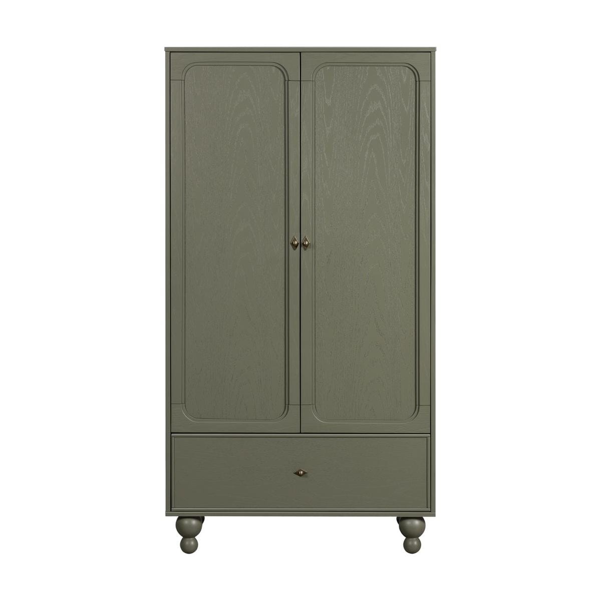 Babyletto olive green wooden wardrobe with two doors and one bottom drawer on rounded feet