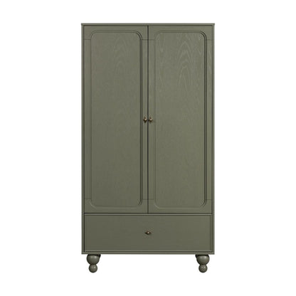 Babyletto olive green wooden wardrobe with two doors and one bottom drawer on rounded feet