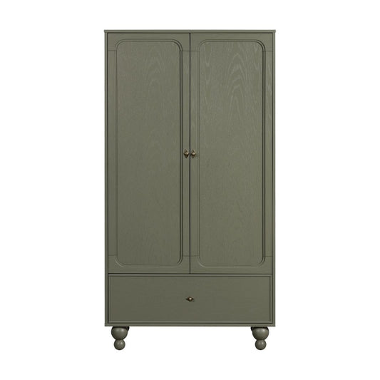 Babyletto olive green wooden wardrobe with two doors and one bottom drawer on rounded feet