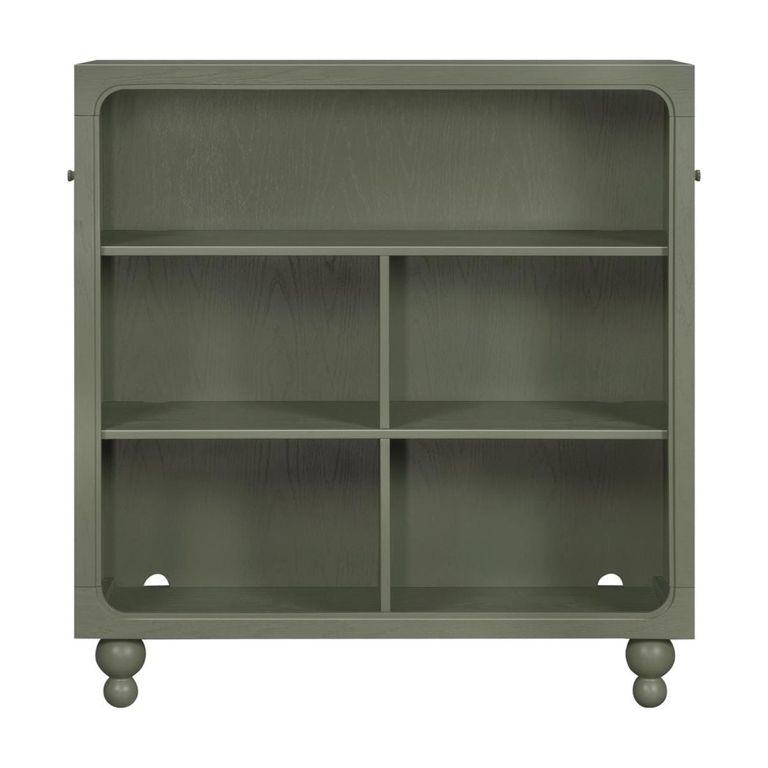 Babyletto olive green wooden bookcase with four open storage compartments and rounded feet