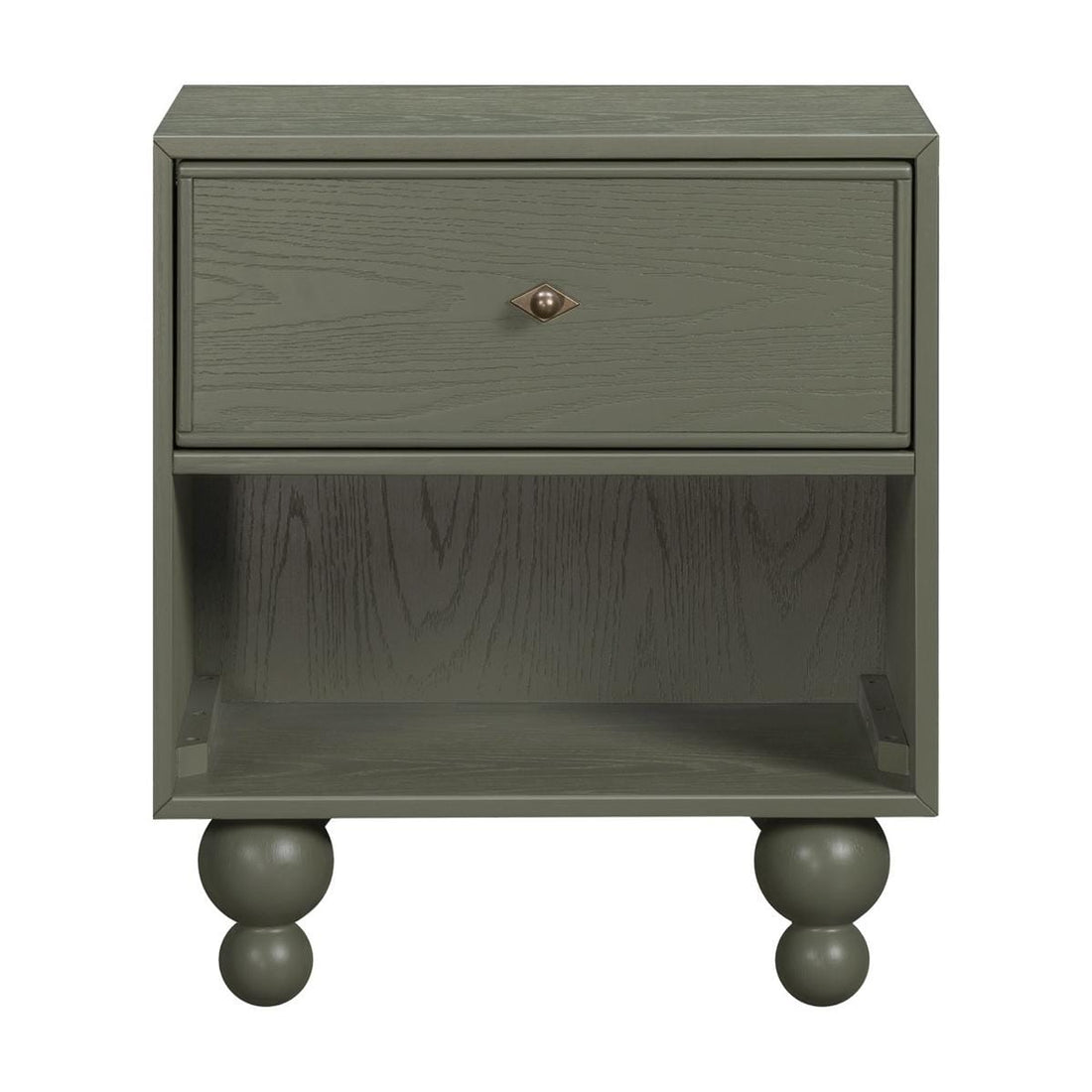 Babyletto olive green nightstand with one drawer and open shelf on rounded feet