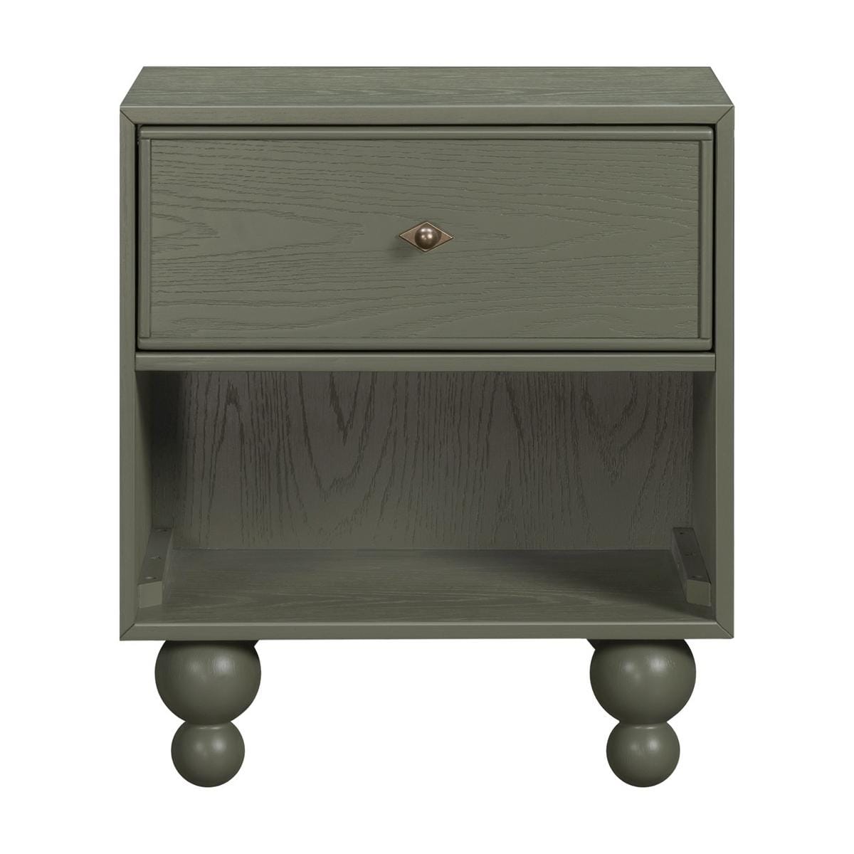 Babyletto olive green nightstand with one drawer and open shelf on rounded feet