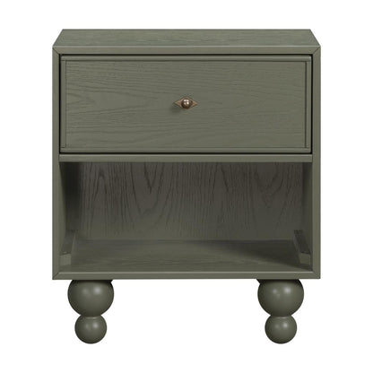 Babyletto olive green nightstand with one drawer and open shelf on rounded feet