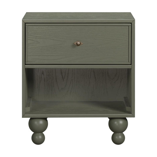 Babyletto olive green nightstand with one drawer and open shelf on rounded feet