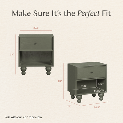 Babyletto nightstand dimensions diagram showing front and side views with measurements in inches