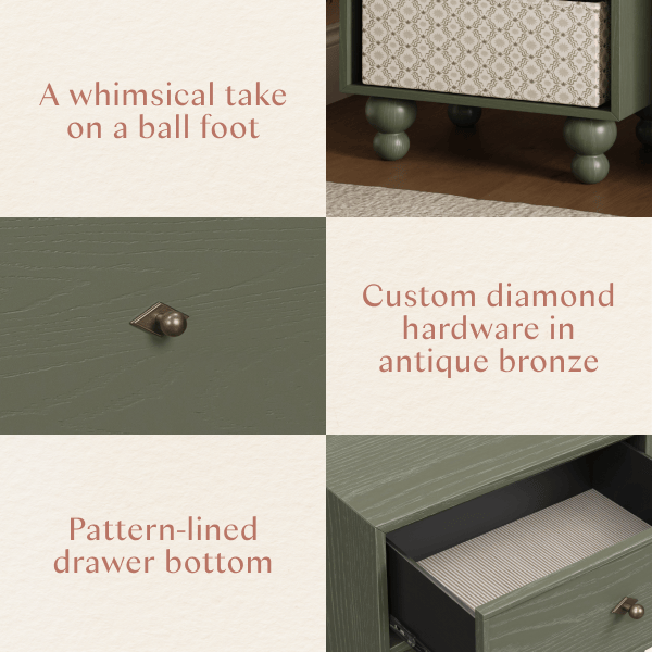 Babyletto dresser details showing ball feet, antique bronze diamond hardware, and patterned drawer interior
