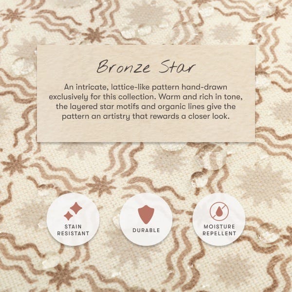 Babyletto Bronze Star fabric pattern with stain resistant durable and moisture repellent icons