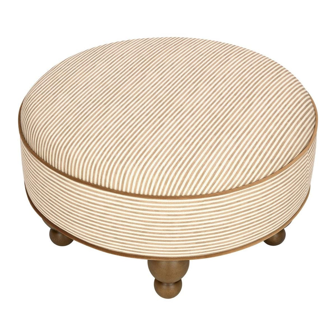 Babyletto round ottoman with beige and white striped fabric and wooden feet