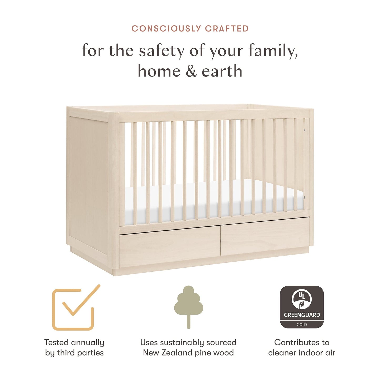 Babyletto Bento 3-in-1 Convertible Storage Crib w/Toddler Bed Conversion Kit - Washed Natural - M21601NX